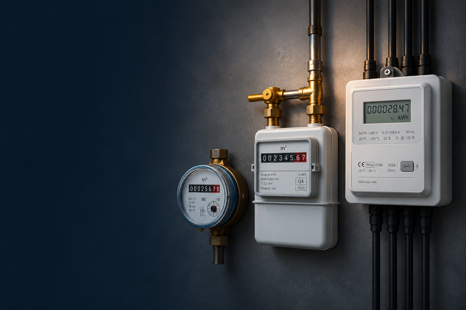 Modernes Stromzähler-Setup mit Gas- und Wasserzählern